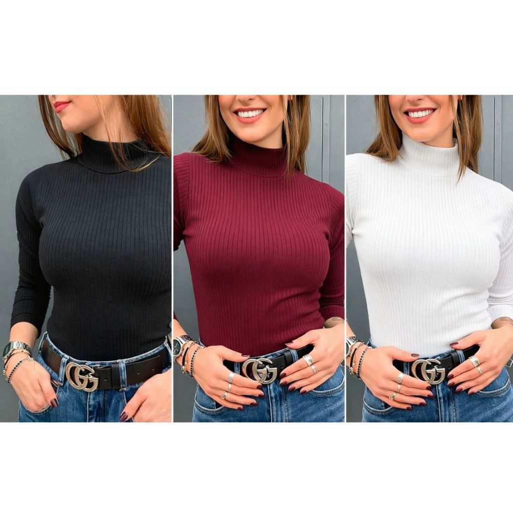 KIT 3 CACHARREL Blusa de Frio, CACHARREL Feminina, Gola Alta, Modelo CANELADO, Moda Outono Inverno