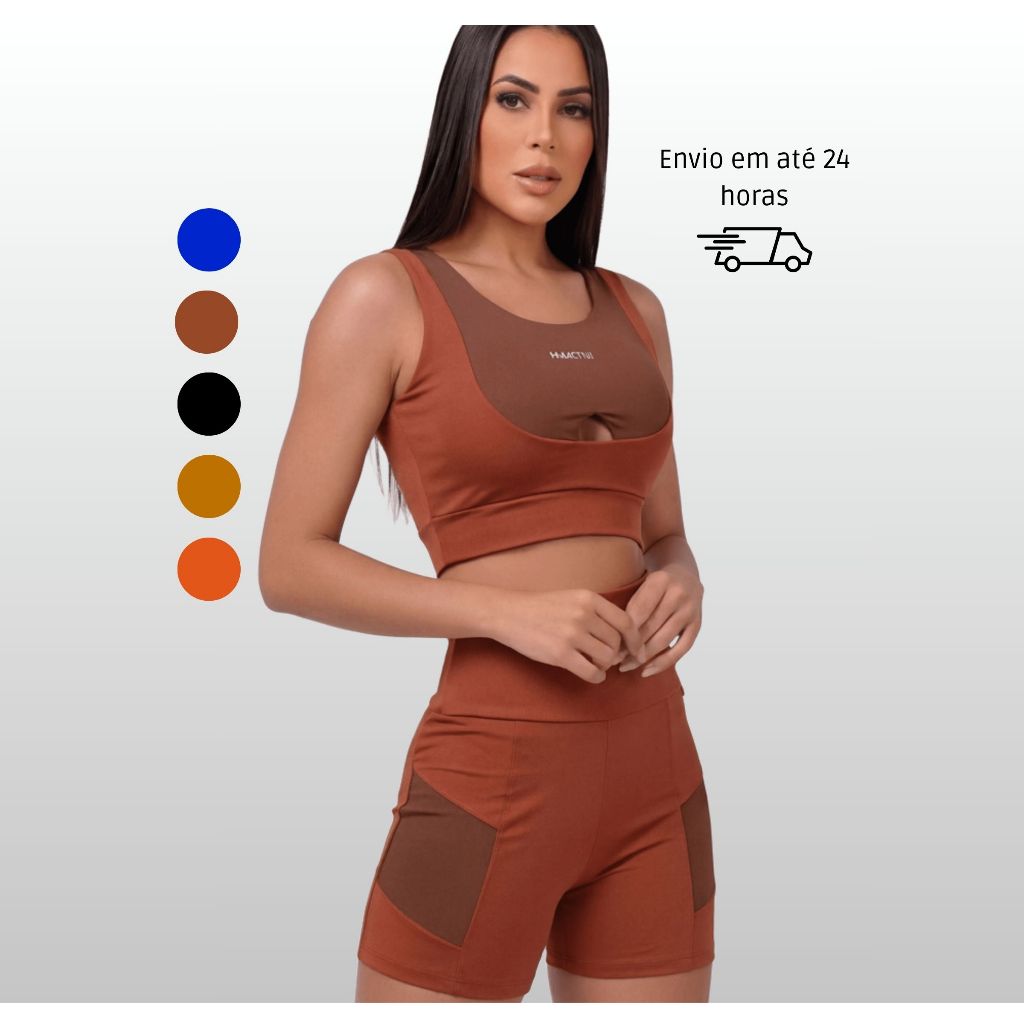 Conjunto Academia Feminino Top Cropped + Shorts  | Cintura Alta | Zero Transparencia | Top Com Bojo | Kit Fitness