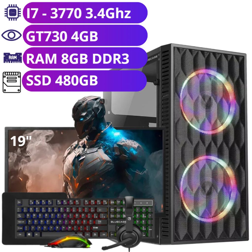 Computador Completo i7 3.4GHz - Placa de Vídeo GT730 4GB - SSD 480GB - 8GB RAM - Monitor 19"