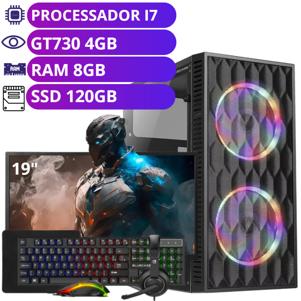 Computador Gamer Completo i7 3.4Ghz - SSD 120GB - Placa de Vídeo GT730 4GB - Monitor 19"  - 8GB RAM