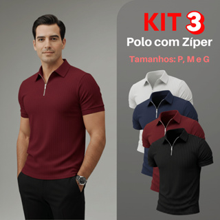 Kit 3 Camiseta Polo Com Ziper Manga Curta Canelada Camisa Básica Malha em Oferta na Shopee