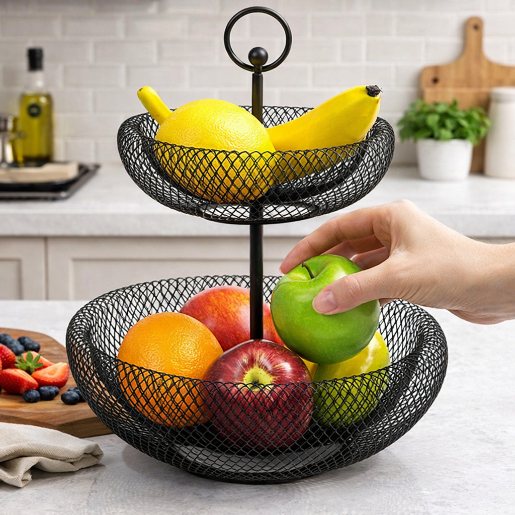 Fruteira 2 Andares De Mesa Organizador De Frutas Cesto Metal Aramado Multiuso Frutas Legumes Luxo