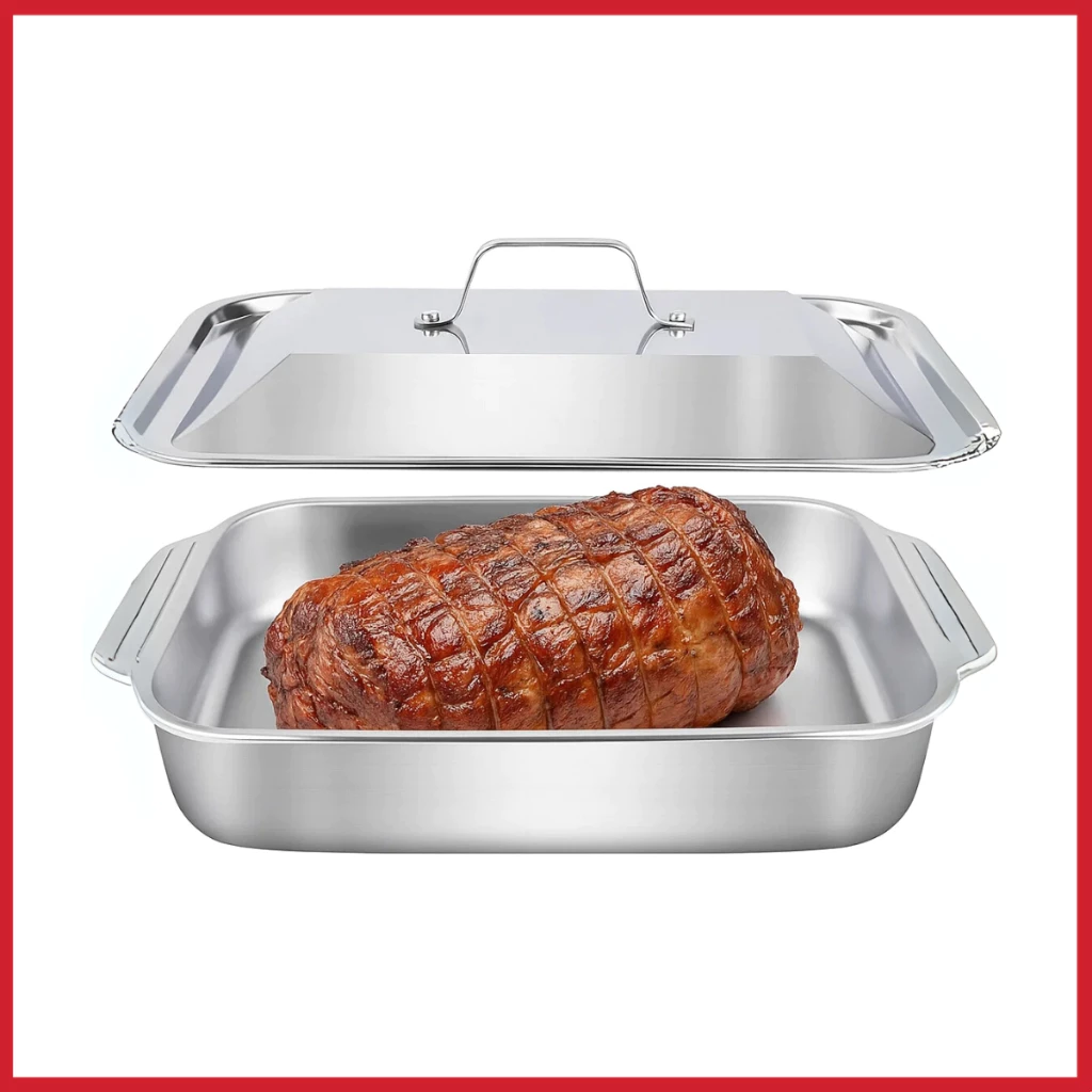 Assadeira Retangular Aço Inox com Tampa Antiderrapante Resistente Altas Temperaturas Forno Churrasco — imagem 1