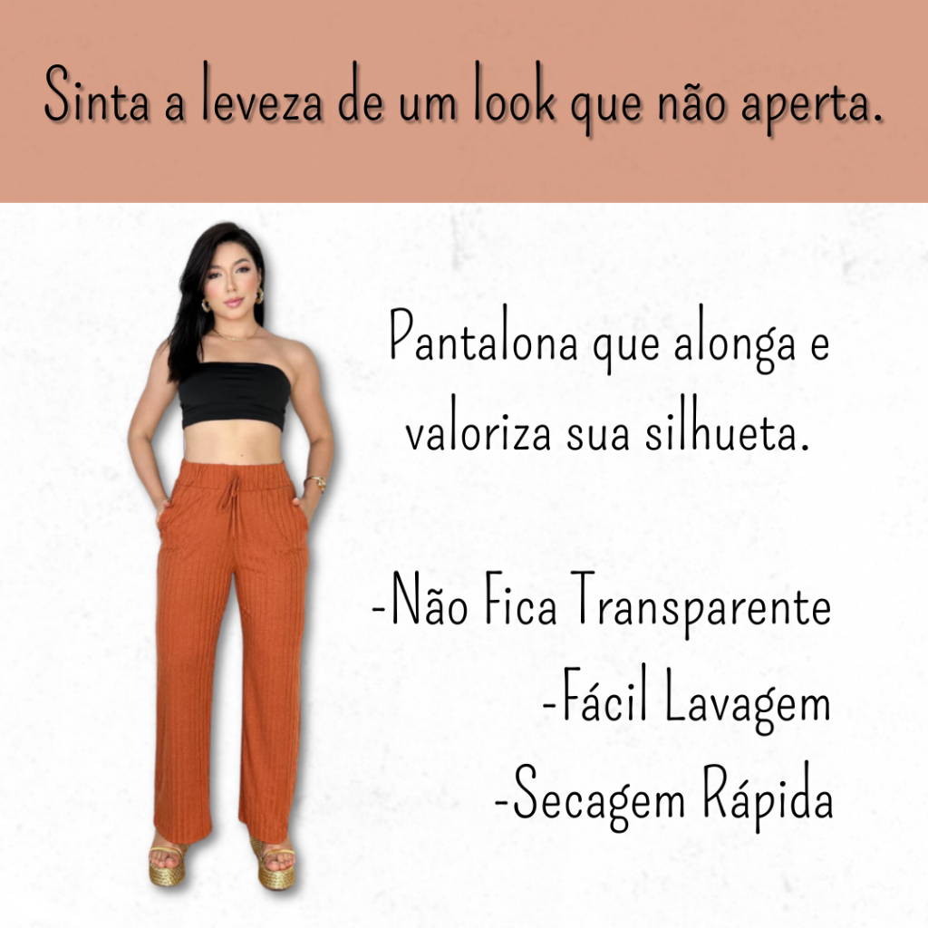 Calça Feminina Canelada Solta Estilo Blogueira Princesa Casual Conforto Leve Elegante Moda Tendência