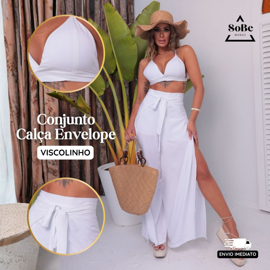 Conjunto Calça pantalona envelope multiusos e top com bojo estioso verão