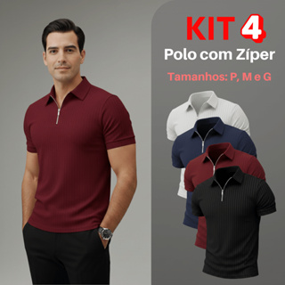 Kit 4 Camiseta Polo Com Ziper Manga Curta Canelada Camisa Básica Malha em Oferta na Shopee