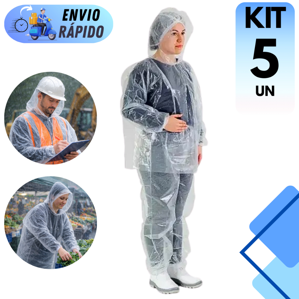 KIT 3 A 5 UNIDADES CONJUNTO JAQUETA E CALÇA CAPA DE CHUVA DESCARTÁVEL TRANSPARENTE CAPUZ TAM ÚNICO IMPERMEÁVEL em Oferta na Shopee