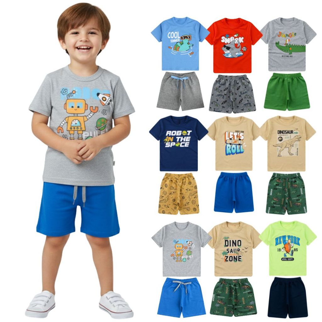 Kit Conjunto Infantil Menino 10 Peças - 5 Camisetas + 5 Shorts Roupa Masculino Casual Basico Algodao