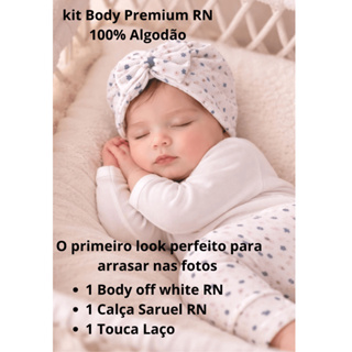 Body RN Premium - Kit Saída Maternidade off White 03 Peças Bebê Menina 100% Algodão Body, Calça Saruel, Touca laço em Oferta na Shopee