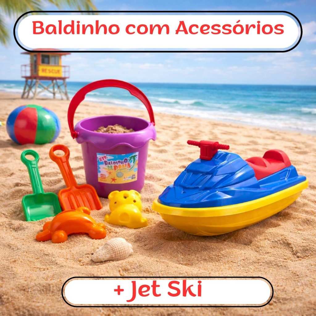 Kit Brinquedos de Praia Infantil Baldinho com Acessórios + Jet Ski Educativo 6 Peças