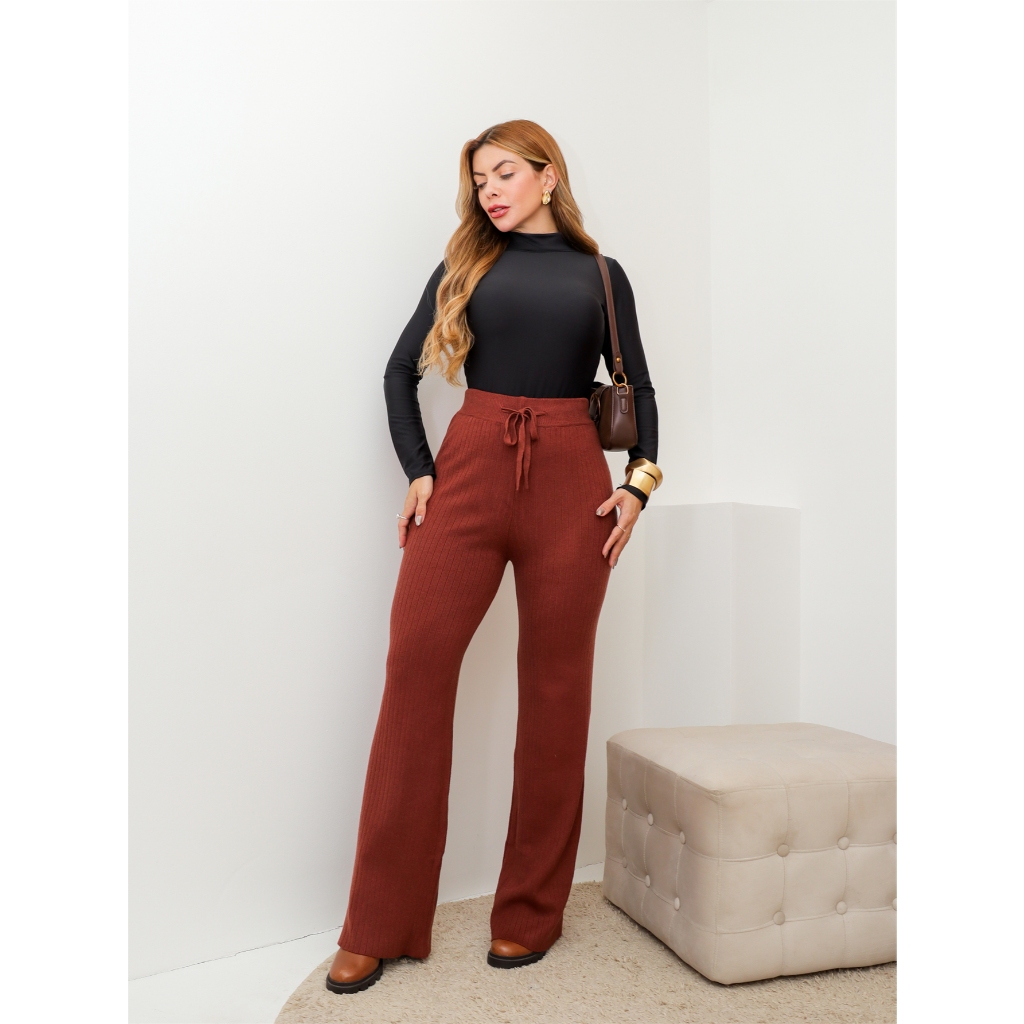 Calça Feminina Tricot Canelada Cintura Alta Reta Confortável Inverno 3RD SD2009