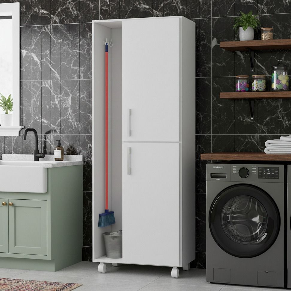 Armário Multiuso Treviso Branco – Organizador Compacto p/ Lavanderia – Com Rodízios