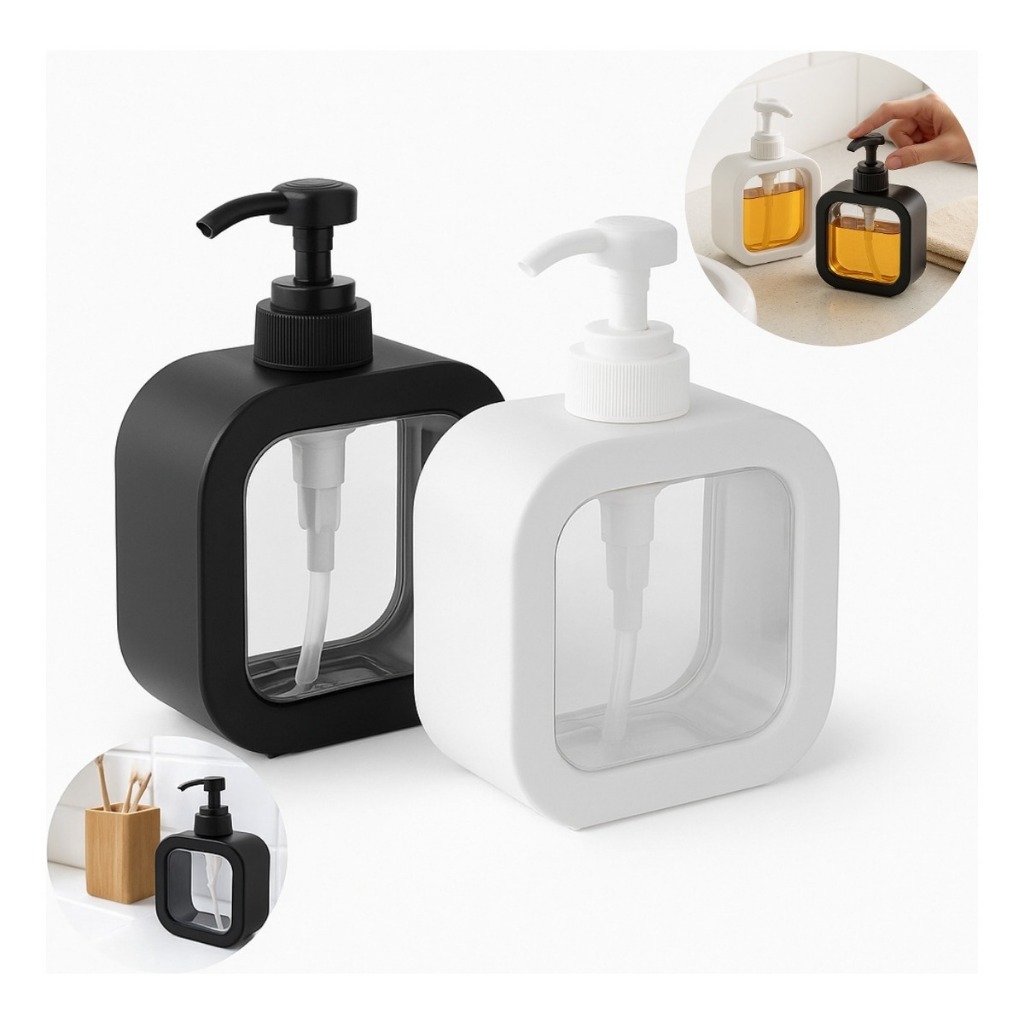 Dispenser Sabonete Líquido 500ml Quadrado Luxo Pump | Porta Detergente | Branco/Preto
