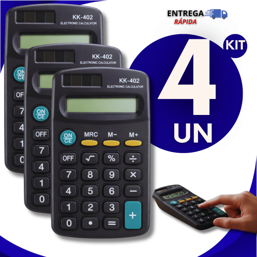 KIT 4 Calculadora Eletrônico De Bolso KK-402 8 Dígitos Preto Multiuso Escritório Premium Utilidades