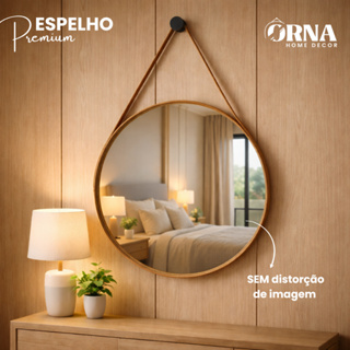 Espelho Adnet Redondo com Alça em Couro Costurado 30cm 40cm 60cm – Sala Quarto Banheiro + Suporte em Oferta na Shopee