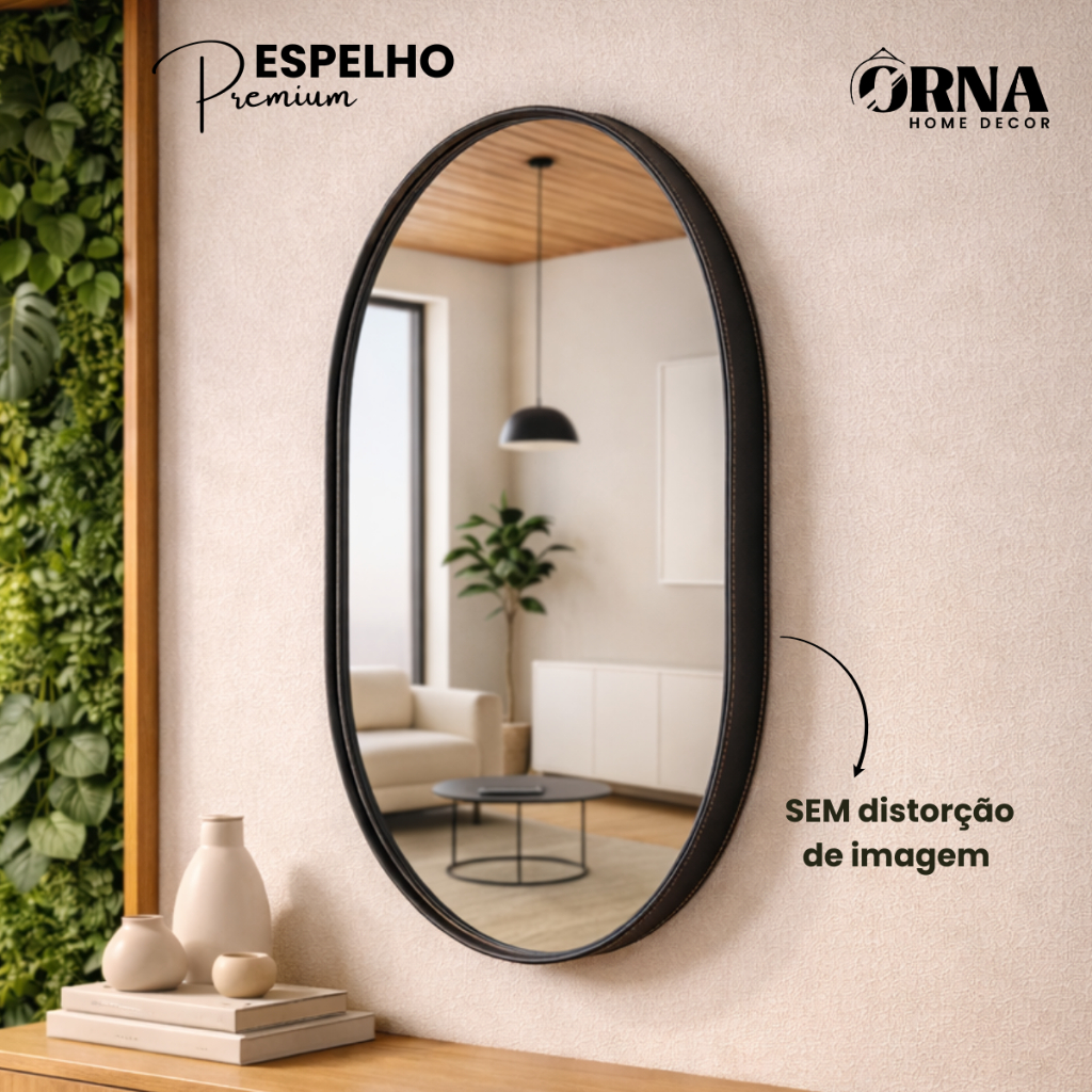 Espelho Oval Adnet 60x40cm Moldura em Couro Costura Artesanal para Sala, Quarto ou Banheiro em Oferta na Shopee