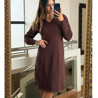 Vestido Feminino Midi Tricot Manga Longa Decote V Soltinho Confortável Elegante Moda Evangélica em Oferta na Shopee