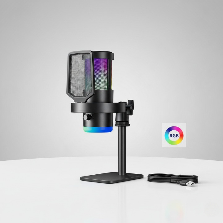 Microfone Gamer Condensador RGB Alta Sensibilidade para Podcast
