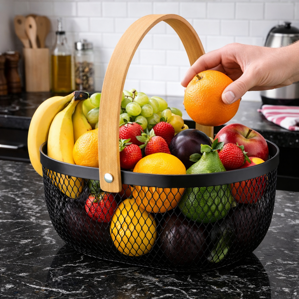 Cesta Organizadora de Ferro com Alça de Madeira para Frutas Cozinha em Oferta na Shopee