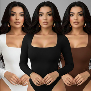 Kit 3 Body Feminino Manga Longa Decote Quadrado Suplex Liso em Oferta na Shopee