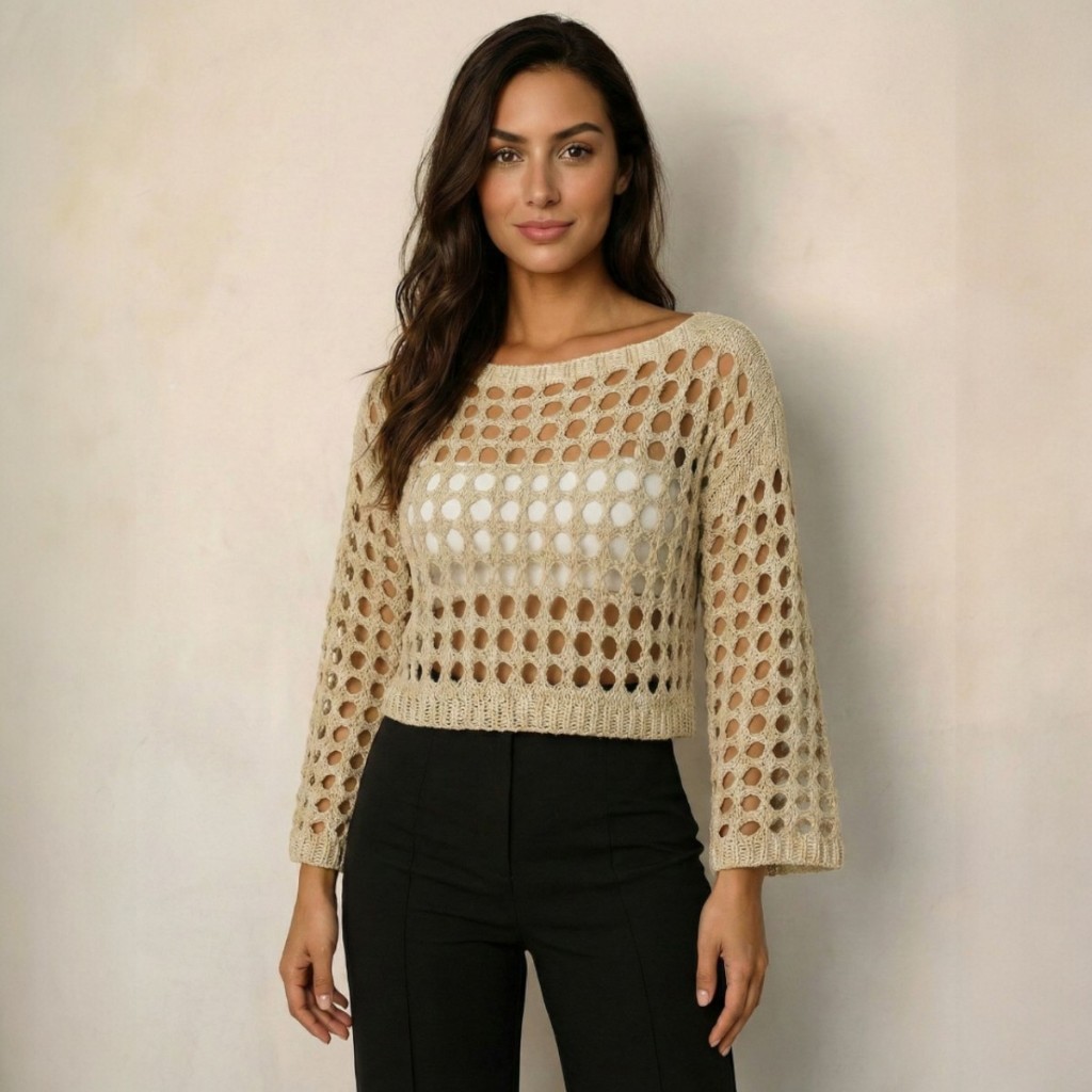 Blusa Manga Longa Cropped Tricô Crochê Premium Novidade Inverno em Oferta na Shopee