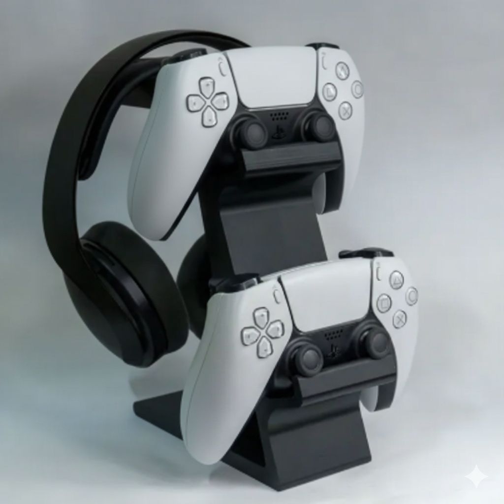 Suporte Vertical para PS5 – 2 Controles e 1 Fone de Ouvido Base Gamer Preto e Branco
