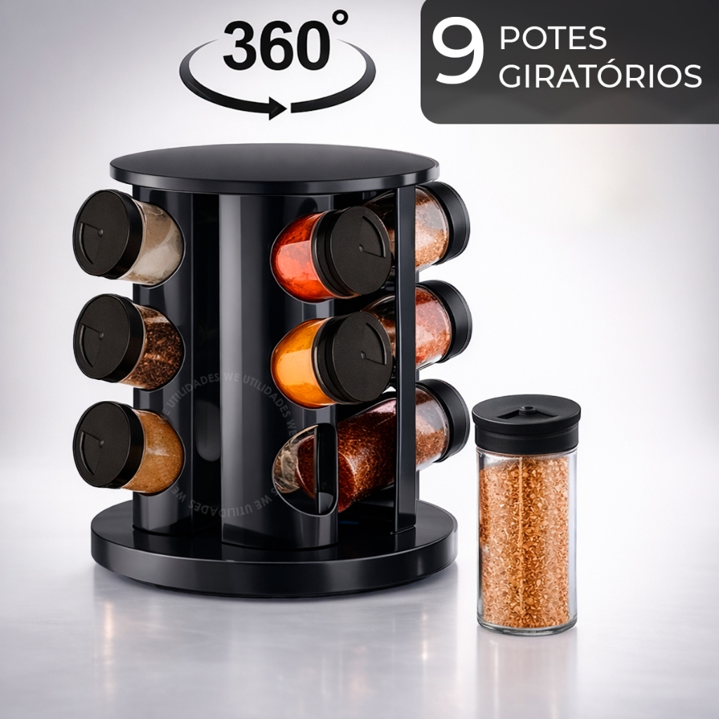 Porta Temperos Condimentos Giratório 9 Potes Organizador Potes Vidro Tampa Profissional em Oferta na Shopee