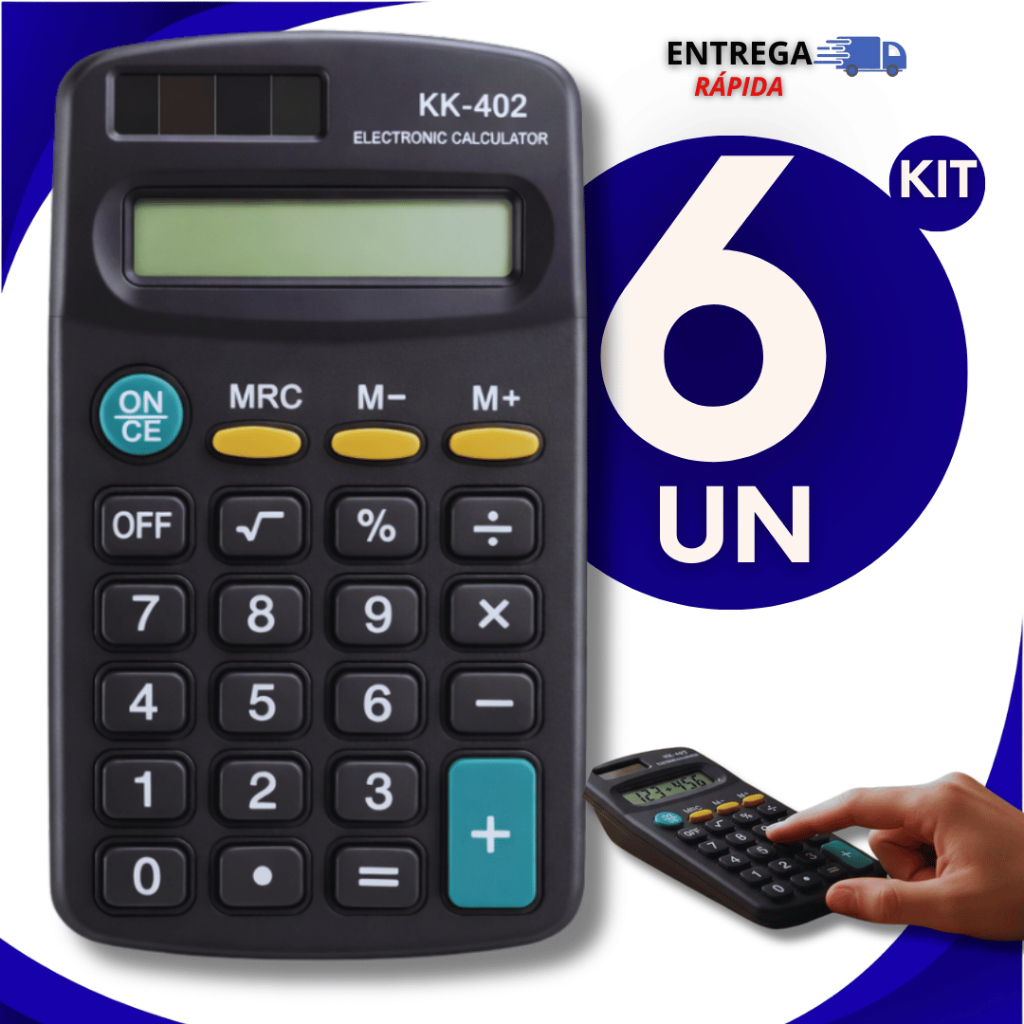 Jogo 6 Calculadora Eletrônico Bolso KK-402 8 Dígitos Preto Multiuso Escritório Premium Utilidades