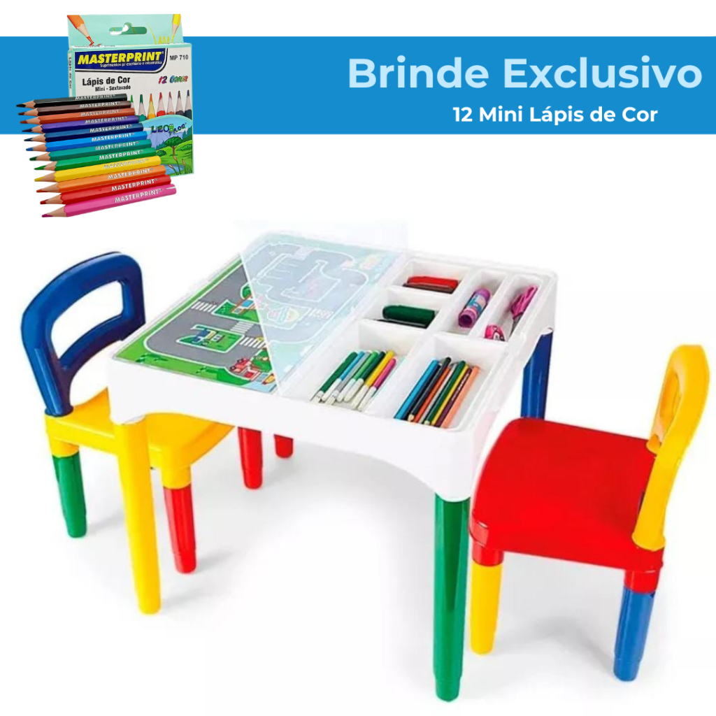 Mesa Mesinha Infantil Didática Poliplac com 2 Cadeiras + Brinde Mini Lápis de Cor