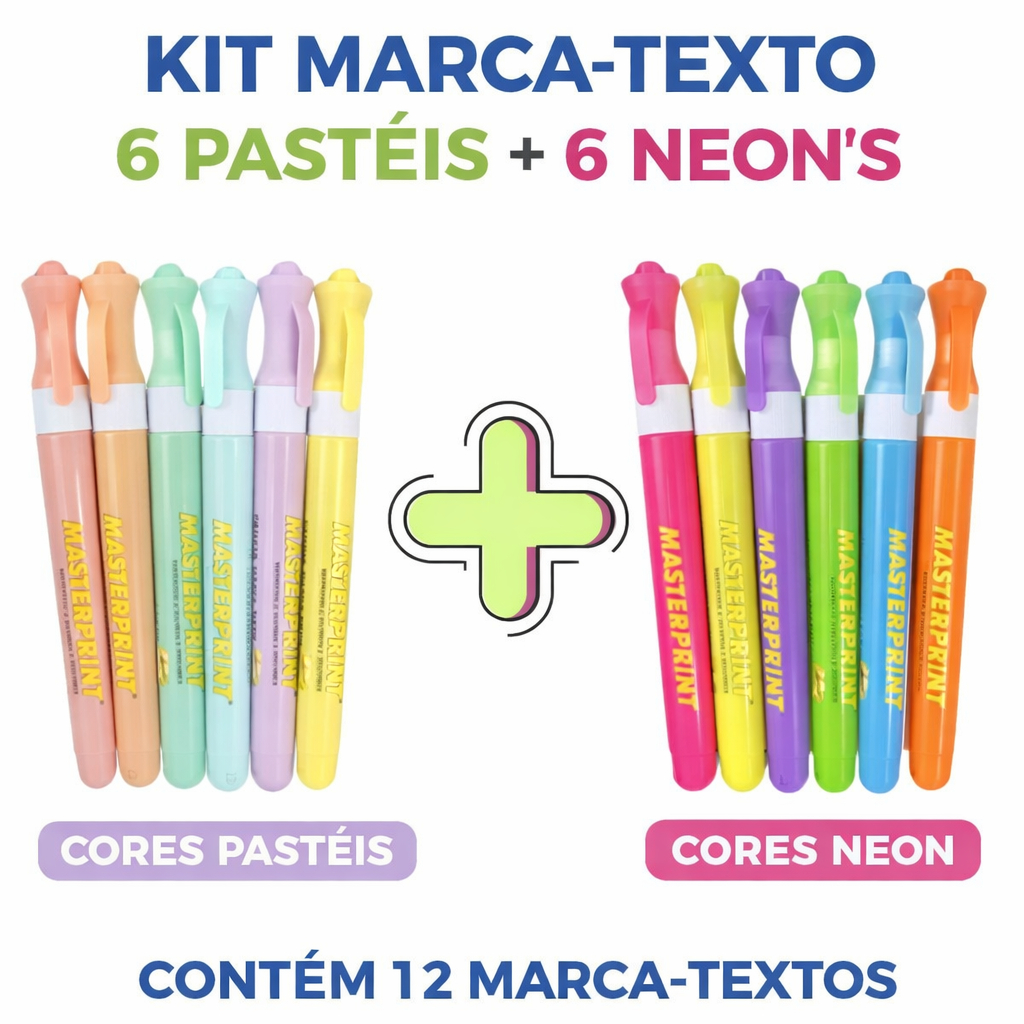 Kit 12 Caneta Marca Texto Slim (6 Neon + 6 pastel) Escolar Infantil Diversas Cores Masterprint em Oferta na Shopee