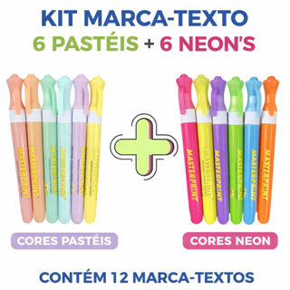 Kit 12 Caneta Marca Texto Slim (6 Neon + 6 pastel) Escolar Infantil Diversas Cores Masterprint em Oferta na Shopee