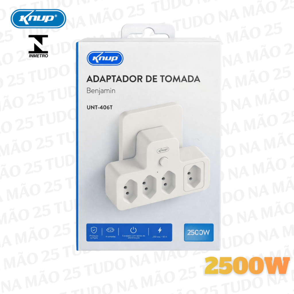 ADAPTADOR DE TOMADA Benjamin 2500W 4 Entradas Régua de Energia Multifuncional c/ Botão Liga/Desliga