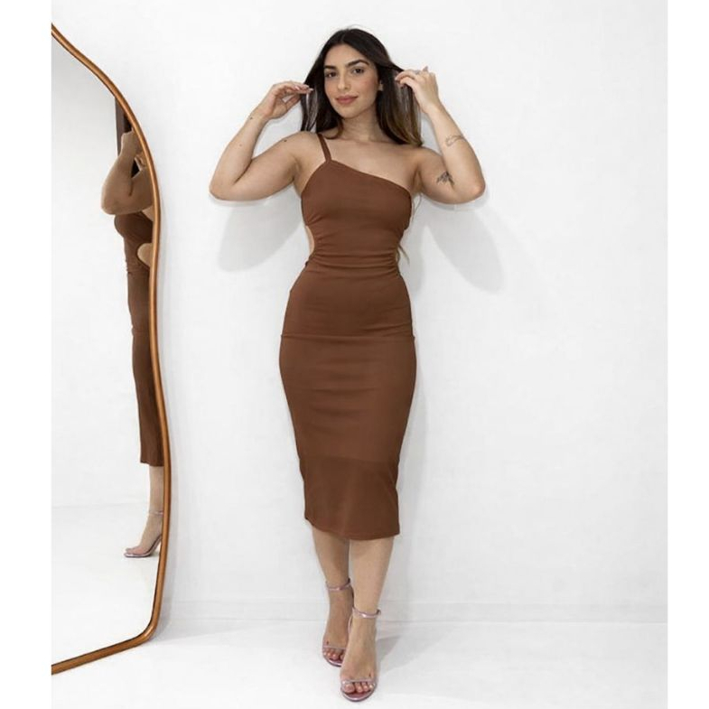 Vestido Feminina Alça Unica Midi Costa Aberta Modinha Confortavel em Oferta na Shopee