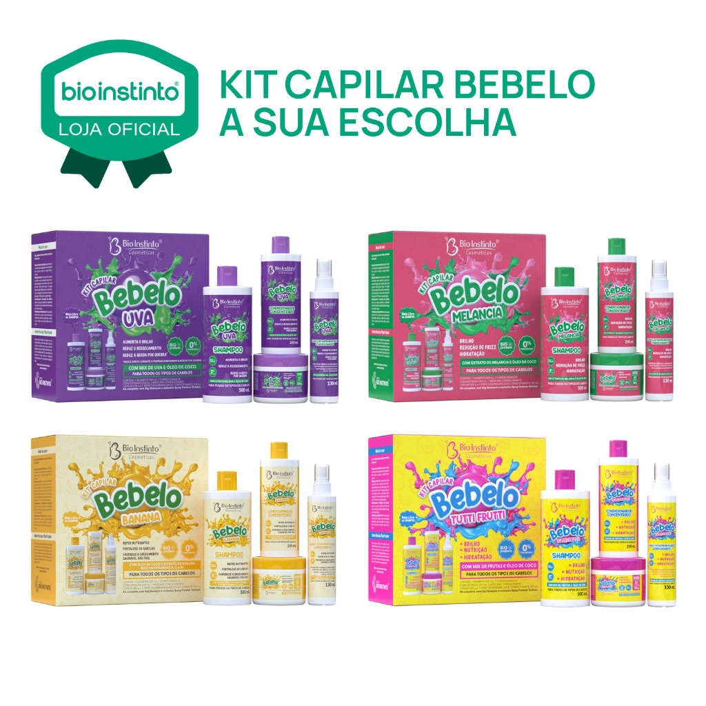 Kit Bebelo Tutti Fruti Uva Banana A escolha Cabelos lisos Ondulados Ressecados Força Bio Instinto em Oferta na Shopee