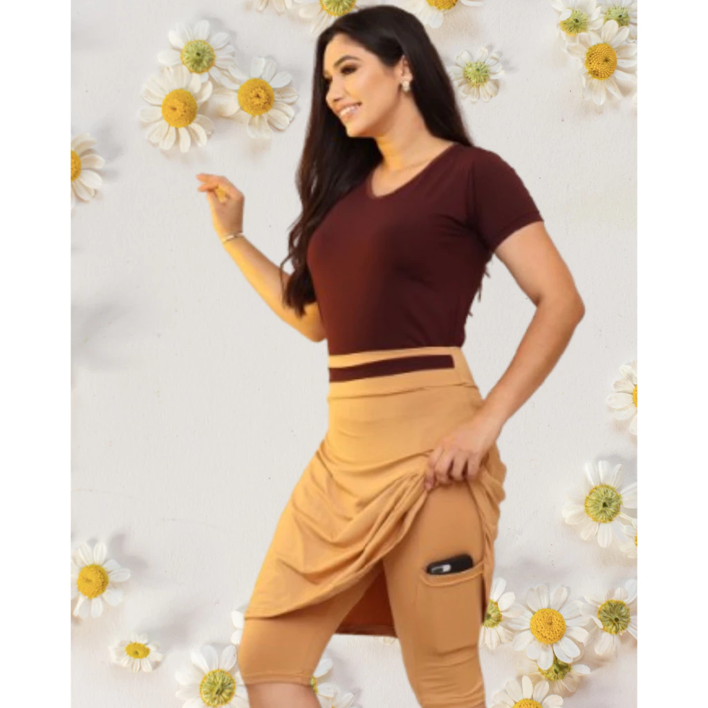 Conjunto Fitness Moda Evangélica Cristã Modesta Feminino Short Saia Godê + Blusa para Exercícios — imagem 1