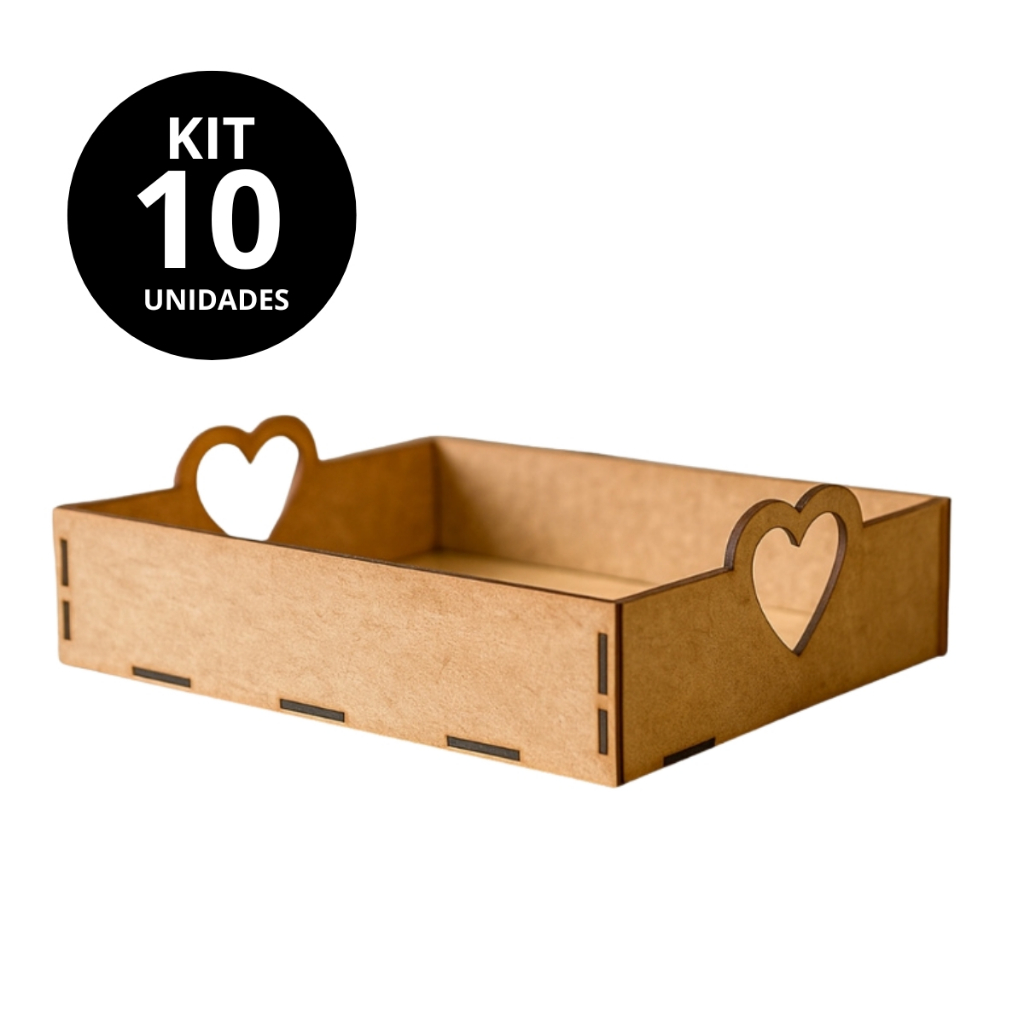 Kit 10 Bandejas MDF 20x15x7 Retangulares Alça Coração Cesta Organizador Lavabo Banheiro Multiuso Guarda Roupa