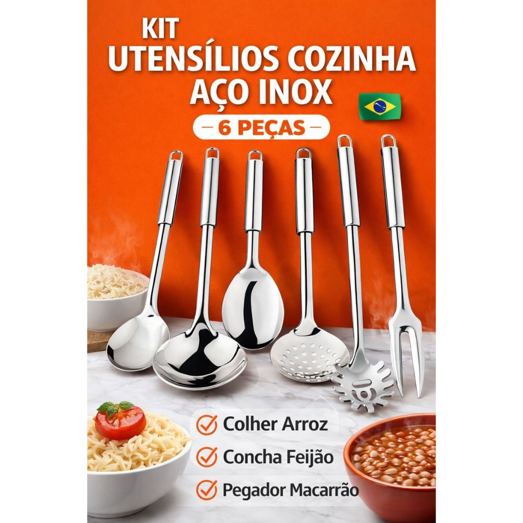 Kit Utensílios Cozinha Inox 6 Peças Colher Arroz Concha Feijão Pegador Macarrão em Oferta na Shopee