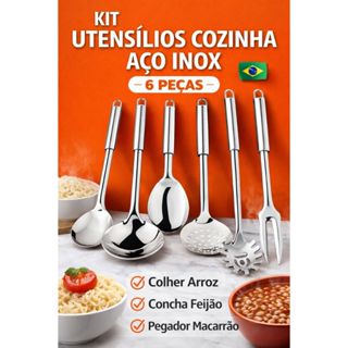 Kit Utensílios Cozinha Inox 6 Peças Colher Arroz Concha Feijão Pegador Macarrão em Oferta na Shopee