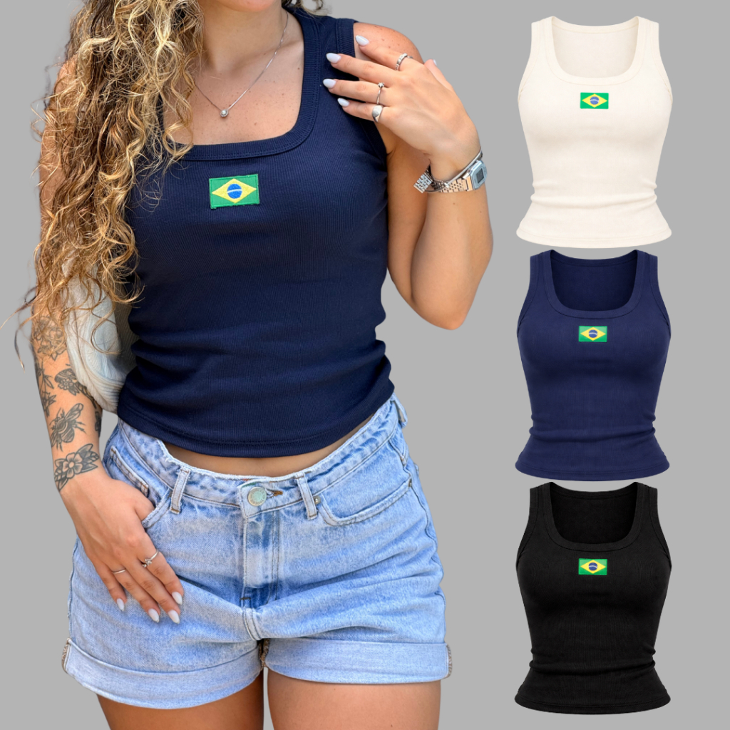 Promoção Blusa Feminina Regata Baby Tee do Brasil de Ribana com Bandeira Bordada