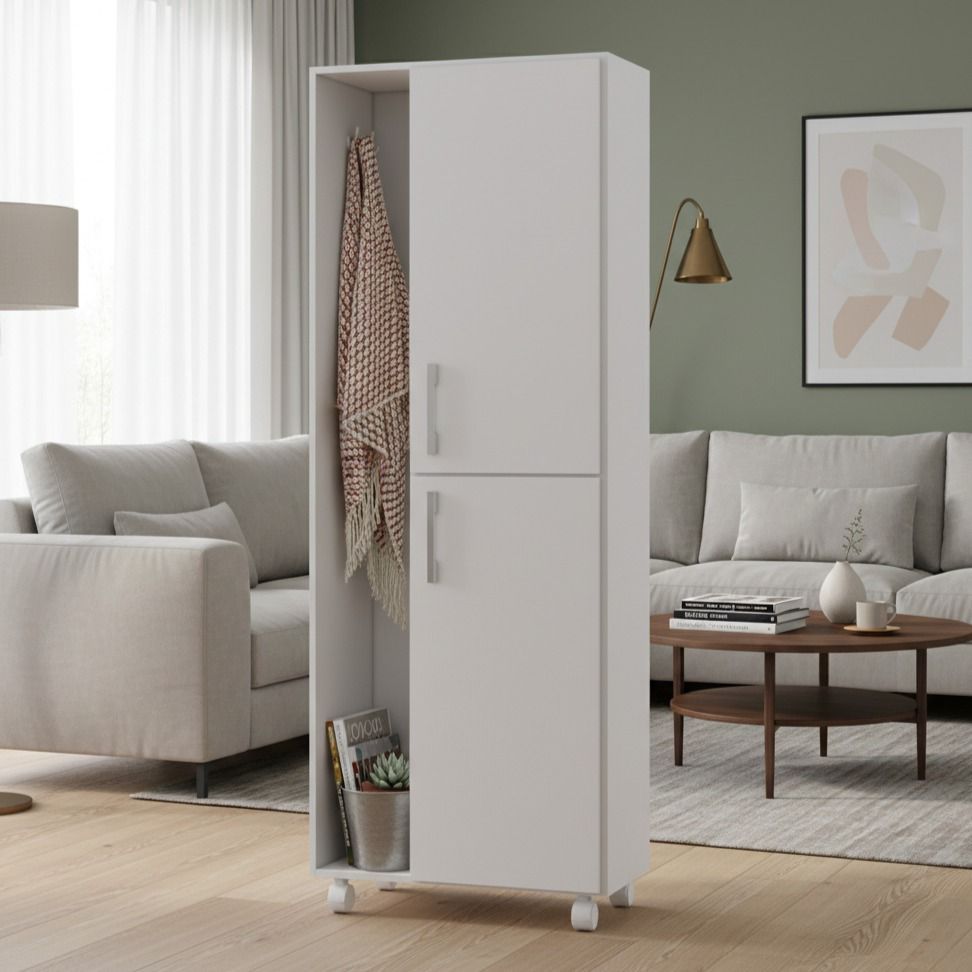 Armário Multiuso Treviso Branco – Organizador Compacto p/ Sala – Com Rodízios