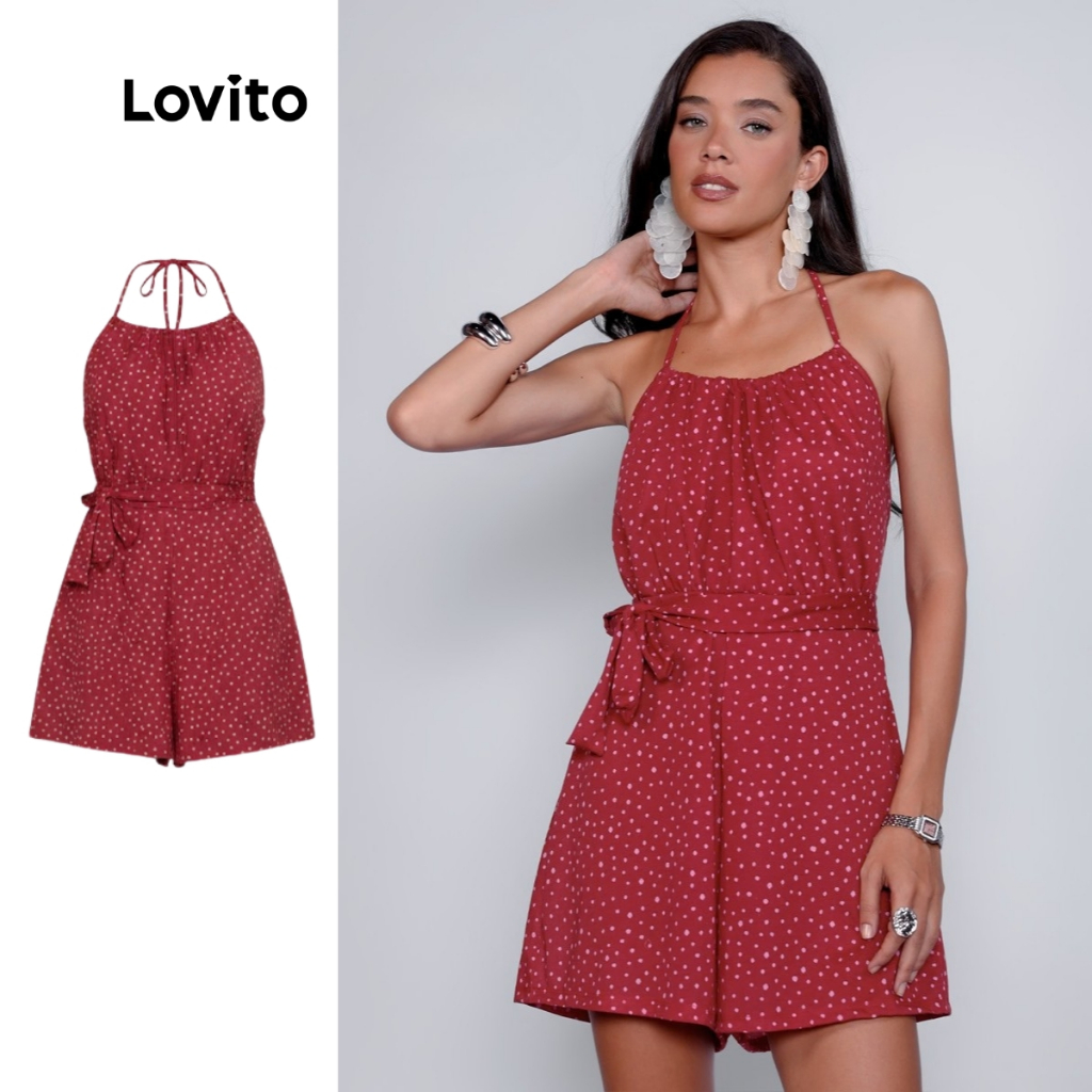 Lovito Macaquinho Feminino Estampado Com Cinto Cintura DRB678BRL708 em Oferta na Shopee