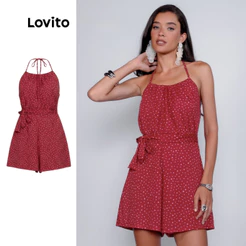Lovito Macaquinho Feminino Estampado Com Cinto Cintura DRB678BRL708