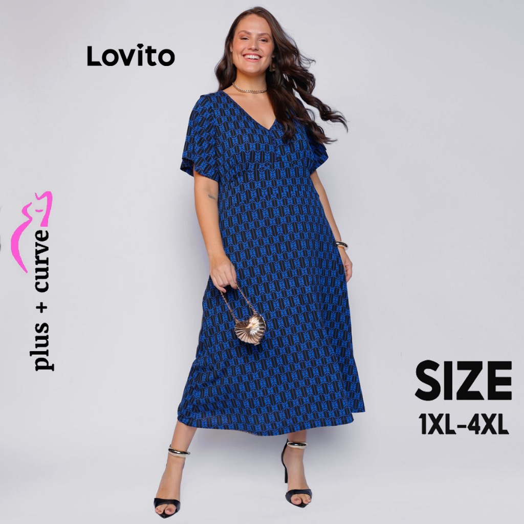 Lovito Plus Size Vestido Midi Feminino Estampa Geométrica DRB1208BRL1238 em Oferta na Shopee
