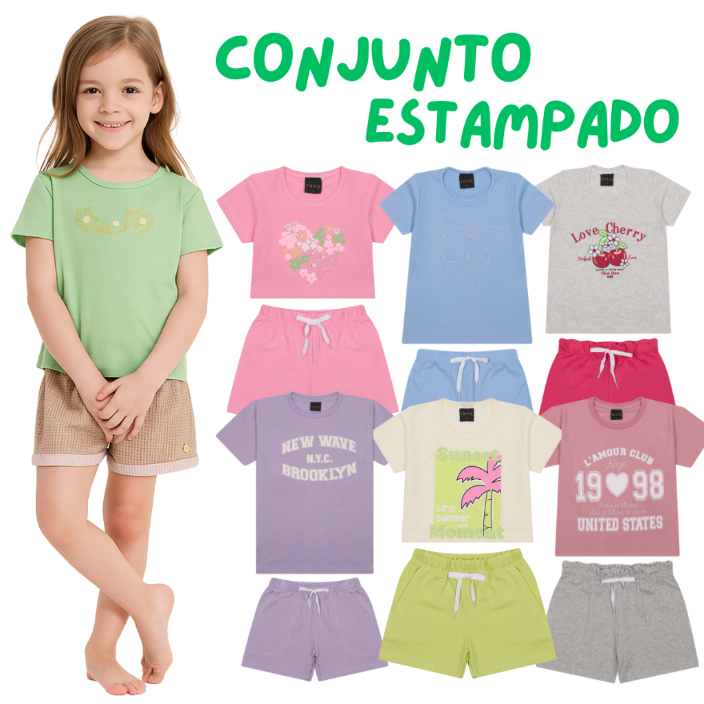 Kit 5 Conjunto 10 Peças Estampado Sortido Menina Infantil Juvenil Verão Tamanho 1 ao 10