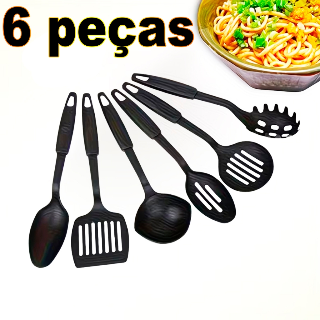 Kit Jogo com 6 Utensílios Em Nylon Black Concha Colher Escumadeira Pegador Espátula