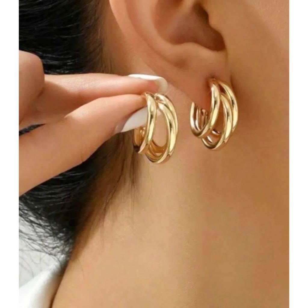 Brinco Argola Tubo Três Aros Dourada e Prata Feminino Aço Inoxidável em Oferta na Shopee