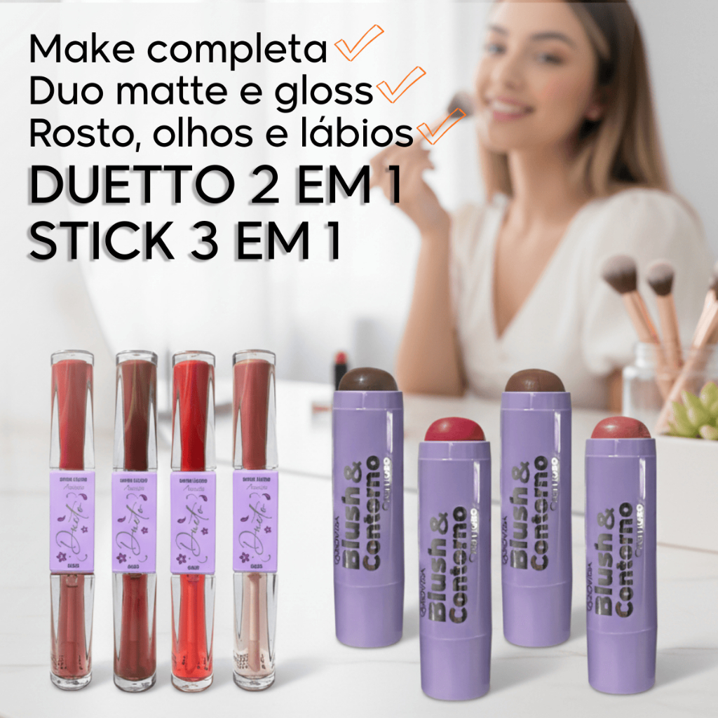 Kit maquiagem Blush Contorno Bastão Stick Batom Líquido Duo Matte e Gloss Lábios Bochecha Olhos