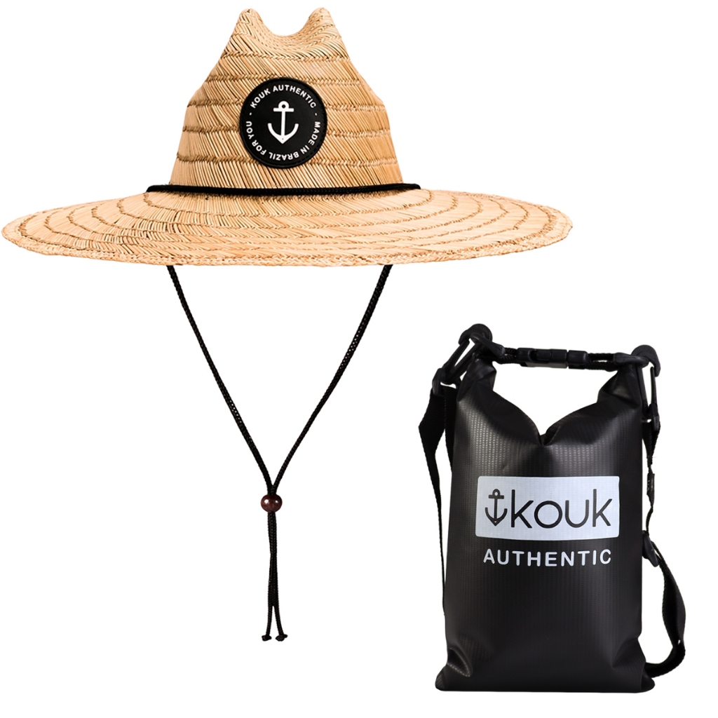 Kit Saco Bolsa Estanque Impermeável + Chapéu de Palha Praia Moda Verão Guardar Documentos e Celular