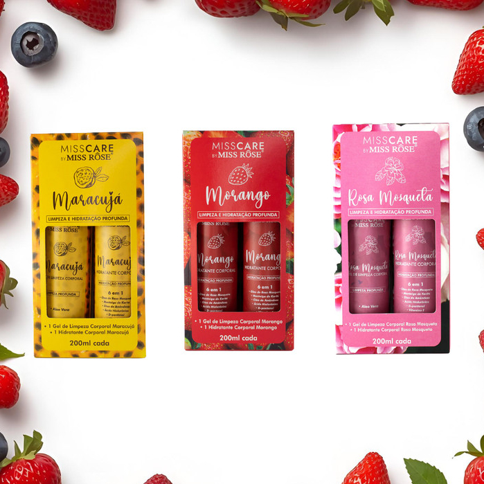 Gel de Limpeza Corporal + Hidratante Corporal Kit Miss Rose- Maracujá, Morango e Rosa Mosqueta