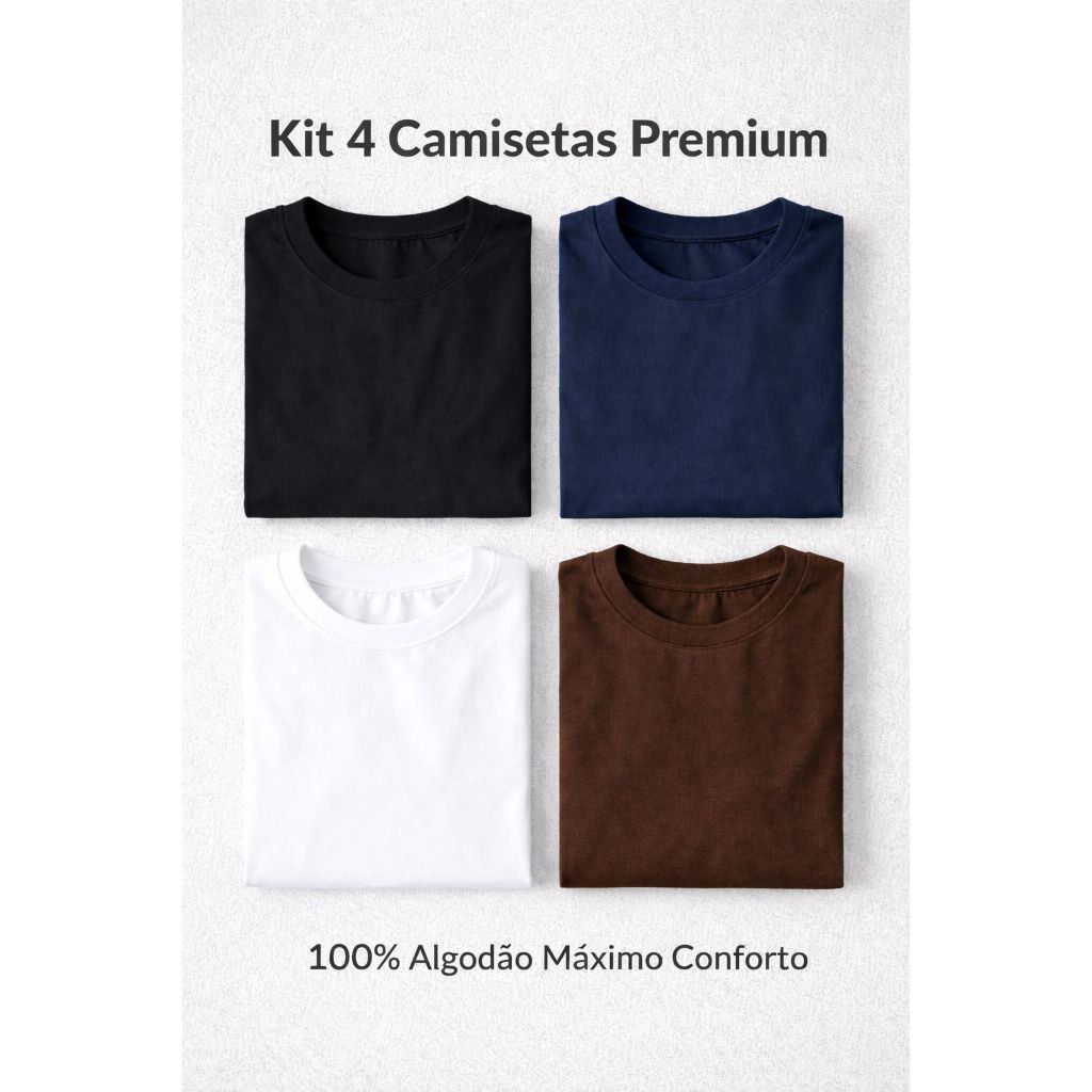 Kit 4 Camisetas Básicas Premium Masculinas 100% Algodão Casual em Oferta na Shopee